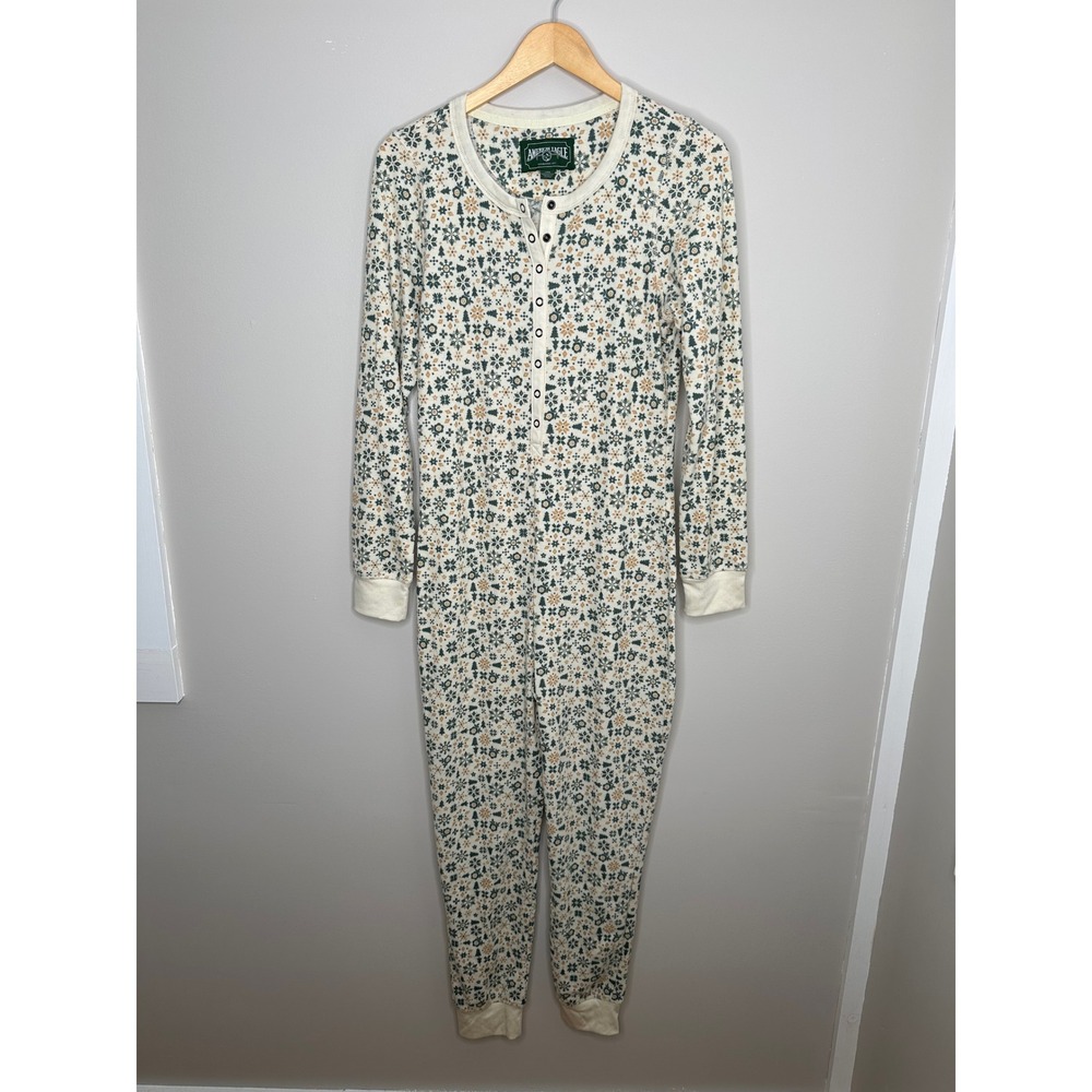 American Eagle Womens L Snowflake Christmas Tree Thermal Onesie Pajamas‎